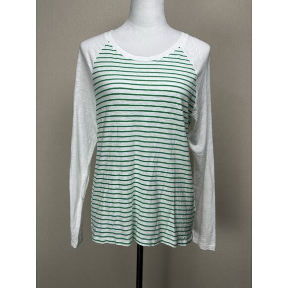 J. Crew T Shirt Women's Cotton Blend Long Sleeve Shirt White Green Striped M - Picture 1 of 13